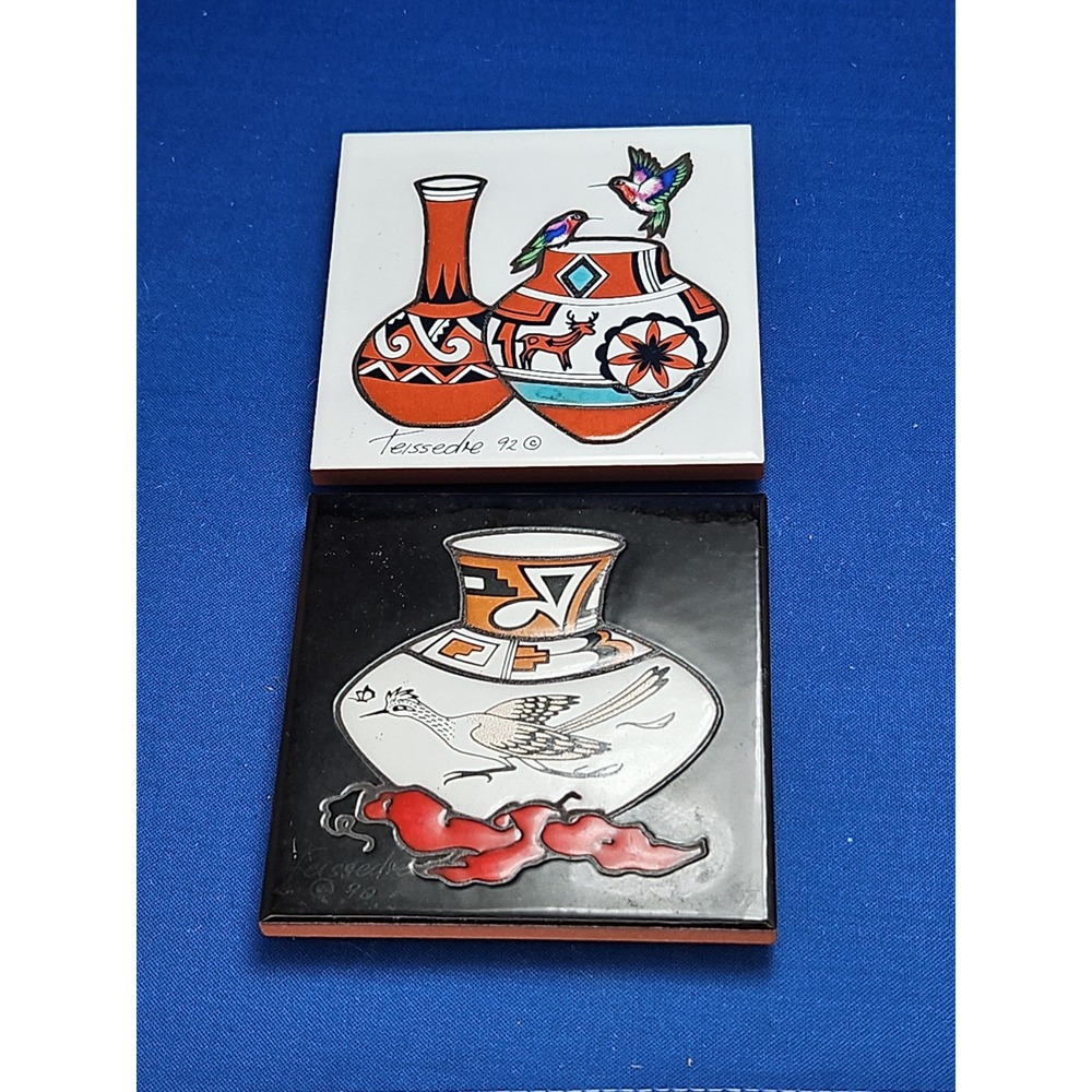 2 Cleo Teissedre Native American Tiles Hummingbirds Indian Pottery Roadrunner 4"